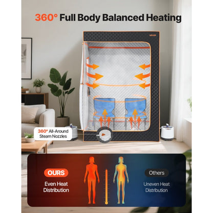 Low Stock Alert VEVOR Upgraded Portable Steam Sauna for Home 2 Person Full Body Home Spa Tent with Steamer and 2 Foldable Chairs and Remote and 2 Essential Oil Boxes Heavy-Duty Stainless Steel Frame Sauna Box Black Durably Ma