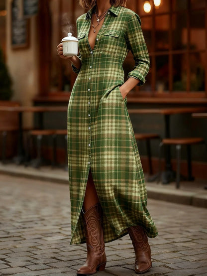 HERTALKA Fashionable Women's Dress with a Retro Checkered Long-sleeved Style