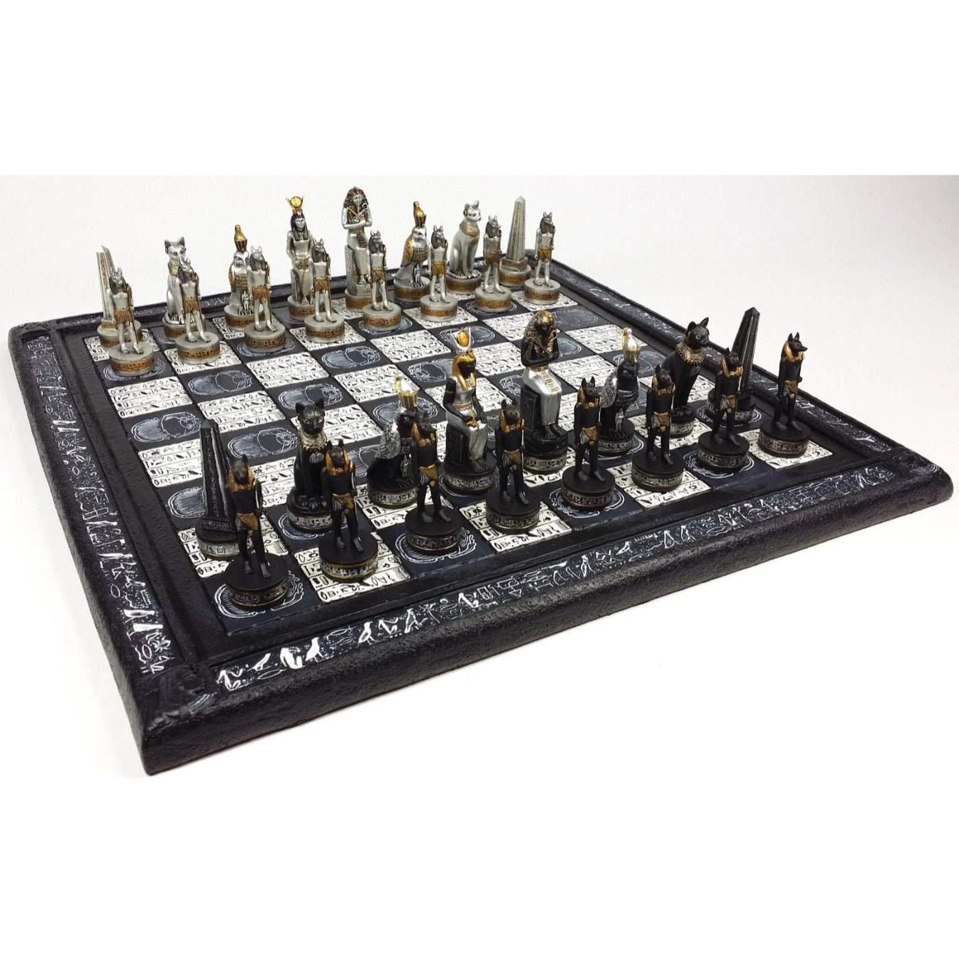 Egyptian Anubis Black Silver and Gold Chess Set w/ 16" Hieroglyphics Board – Top Trending Chess Set, Best Seller, Limited Stock, Fast Shipping, Popular Choice, Must-Have, Top Rated, Customer Favorite, Top Hot Seller, Perfec