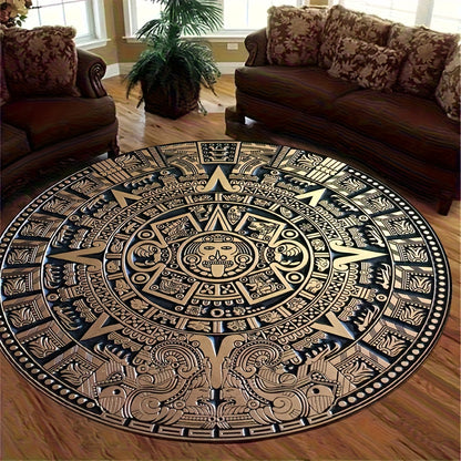 Mayan Tribal Round Area Mat - Large Black & Golden Ancient Mayan Calendar Design - Machine Washable Non-Slip Mat for Living Room, Bedroom, Game Room - Durable Floor Mat with Cultural Home Decor - Extra Large Rugs for Living R