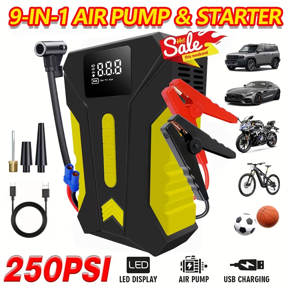 12000A Peak Car Emergency Starter & 250PSI Portable Tire Inflator, 12V (Allgas/ 2.11 Gallons Diesel) Quick Start Vehicle, Portable Car Battery Charger, USB Input/ Output, LED Emergency Light, Auto Additions Tool