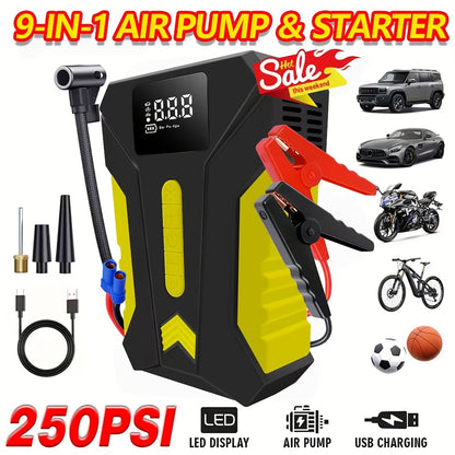 12000A Peak Car Emergency Starter & 250PSI Portable Tire Inflator, 12V (Allgas/ 2.11 Gallons Diesel) Quick Start Vehicle, Portable Car Battery Charger, USB Input/ Output, LED Emergency Light, Auto Additions Tool