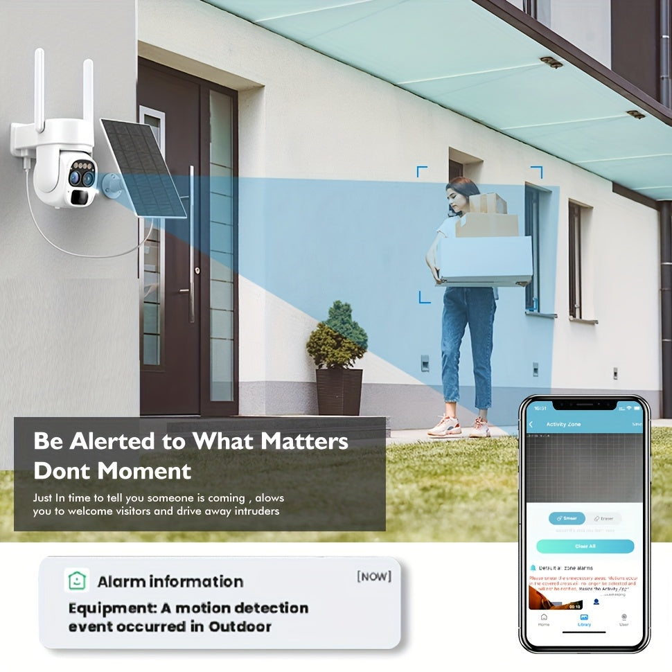 4pcs 360-degree [10x Zoom] Low-power White Solar Panel Battery 2K FHD WiFi With Spotlight Alarm, Motion Detection, Color Night Vision, Two-way Audio And Function.