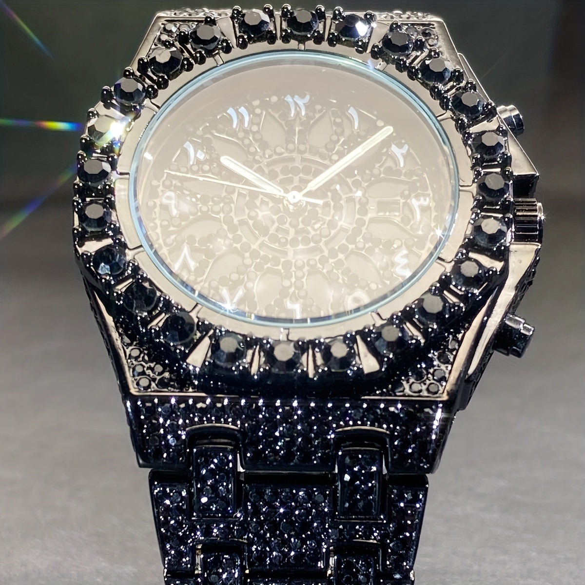 Men's Hip-hop Watch, Dating Party Men's Watch, Large Dial Green Ice Rhinestone, Luminous Pointer Clock, Men's Luxury Gift