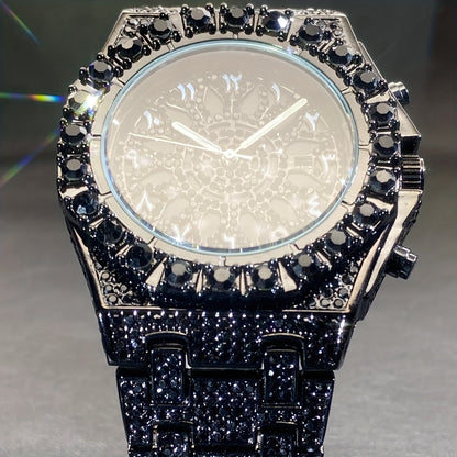 Men's Hip-hop Watch, Dating Party Men's Watch, Large Dial Green Ice Rhinestone, Luminous Pointer Clock, Men's Luxury Gift
