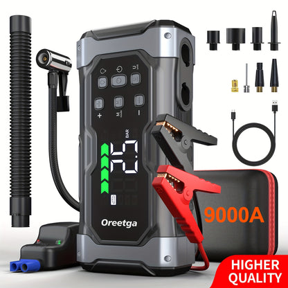 9000A Car Battery Jump Starter - Portable Power Pack with Extended Smart Jumper Cables, Quick Charge, Large Display, LED Lights, And Safety Protections for (All Gas/3.17gal Diesel) Engines, Start The Car Quickly, Jump Starter