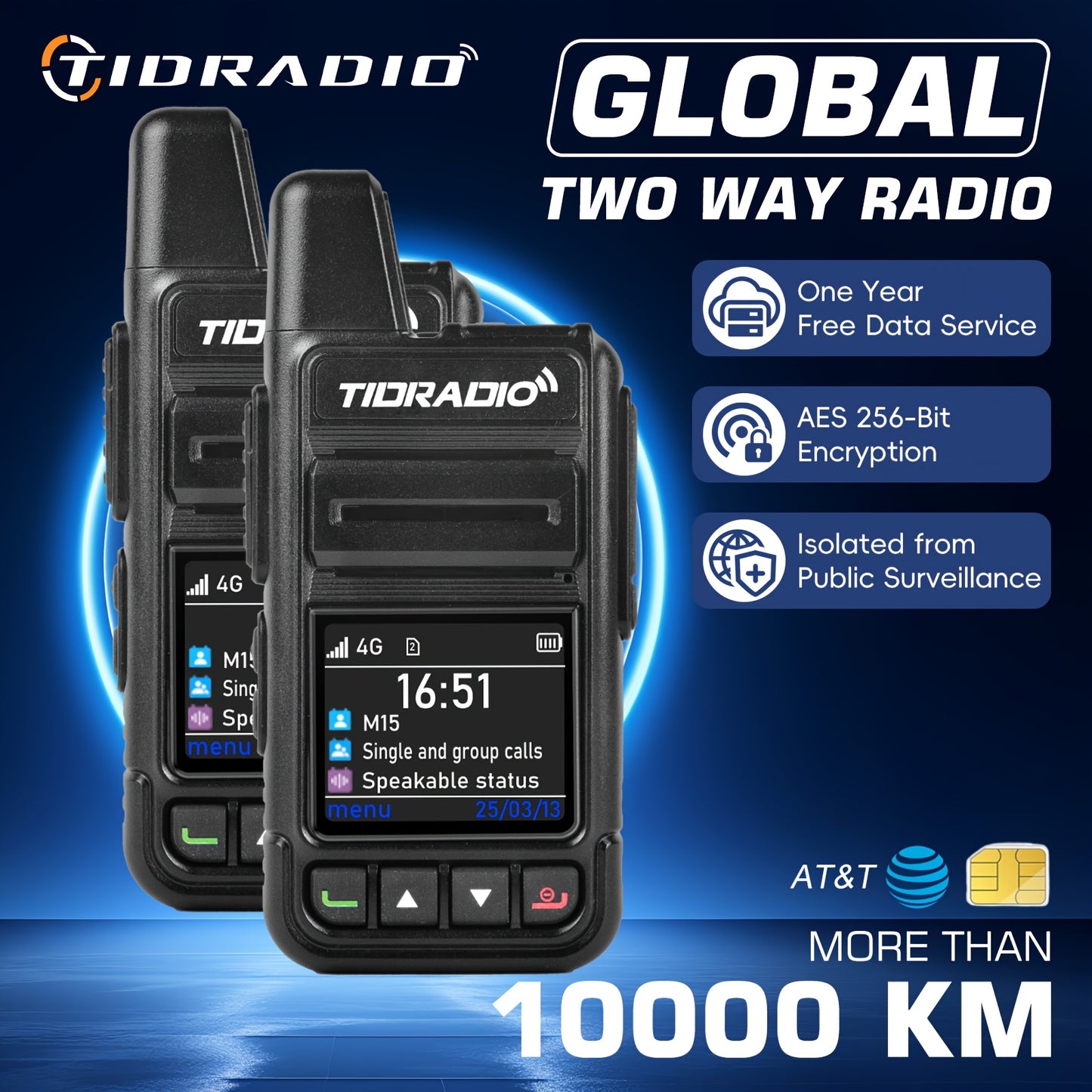 TIDRADIO M15 Global Walkie Talkies 4G POC with SIM Cards, Long Distance 5000 Miles Rechargeable Nationwide Unlimited Range Two Way Radios & USB-C Battery (2 Pack)