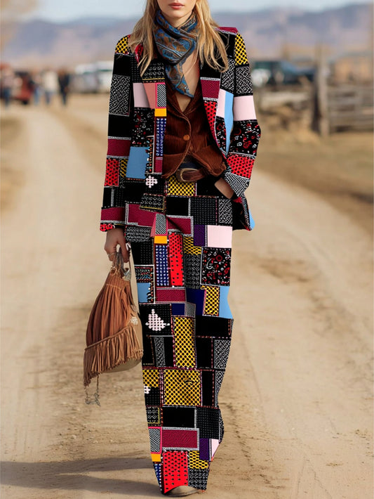 Retro Color-blocked Suit Wide-leg Pants Set for Women |  Patchwork Design with Colorful Patterns, Suitable for Literary Street Wear and Retro Occasions.