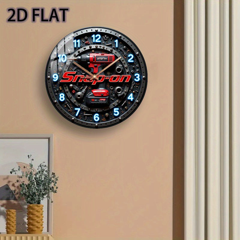 12-Inch -Themed Glass Wall Clock with Snap-On Drill & Power Design (Drill/ Driver) - Silent Quartz Movement, Battery- (AA Not Included) - DIY Mechanic's Workshop Decor for Garage, for Man Cave, Home - Style