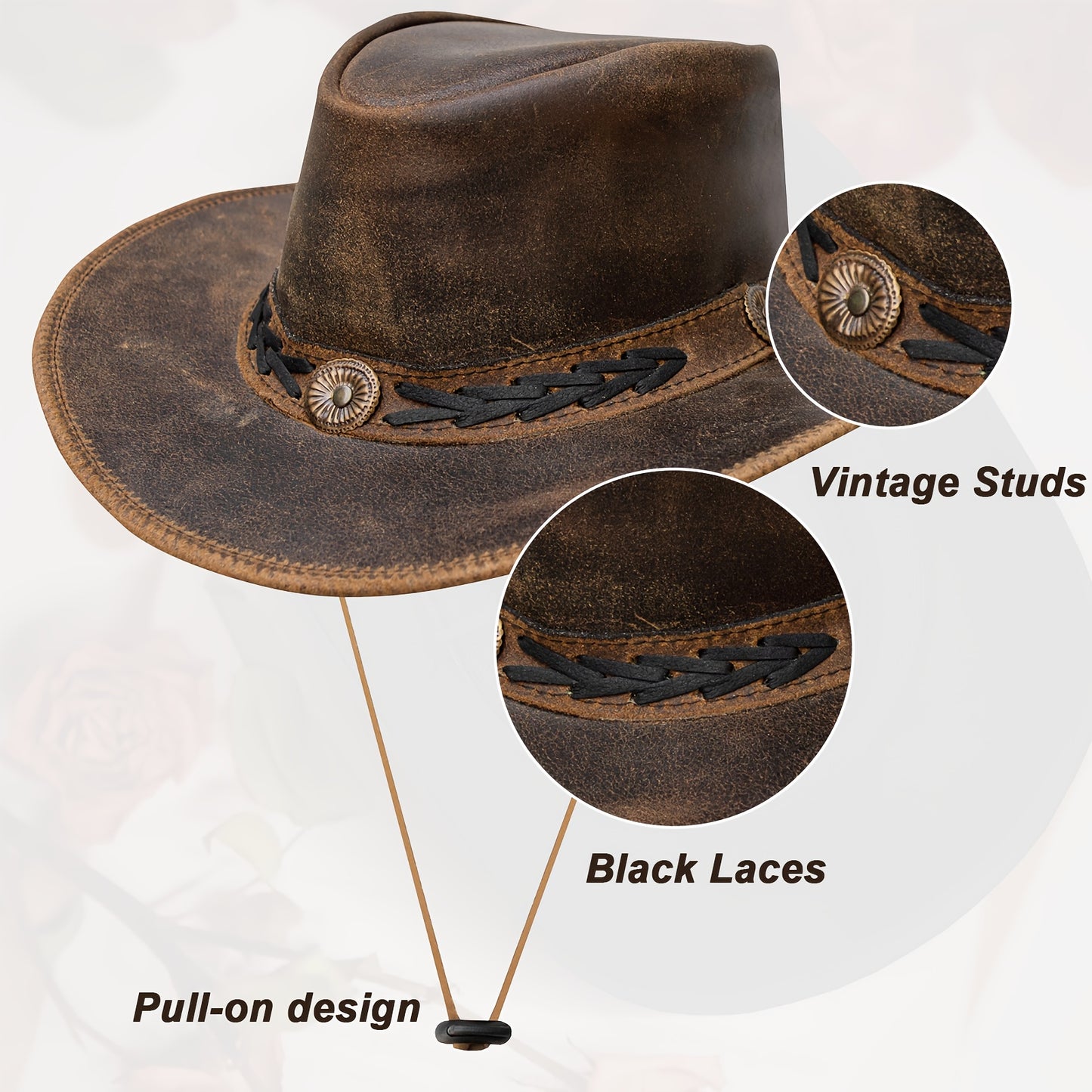 Shapeable Leather Cowboy Hat Into Outback Hat Western Vintage Australian Hats for Men & Women, Festival Unisex Outdoor, High Quality &, Handcrafted Headwear-Stitching, Lightweight Top-Grain Leather, Brass Studs, Adjustable Ch