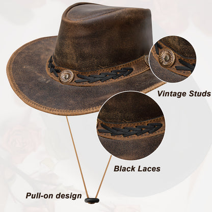 Shapeable Leather Cowboy Hat Into Outback Hat Western Vintage Australian Hats for Men & Women, Festival Unisex Outdoor, High Quality &, Handcrafted Headwear-Stitching, Lightweight Top-Grain Leather, Brass Studs, Adjustable Ch