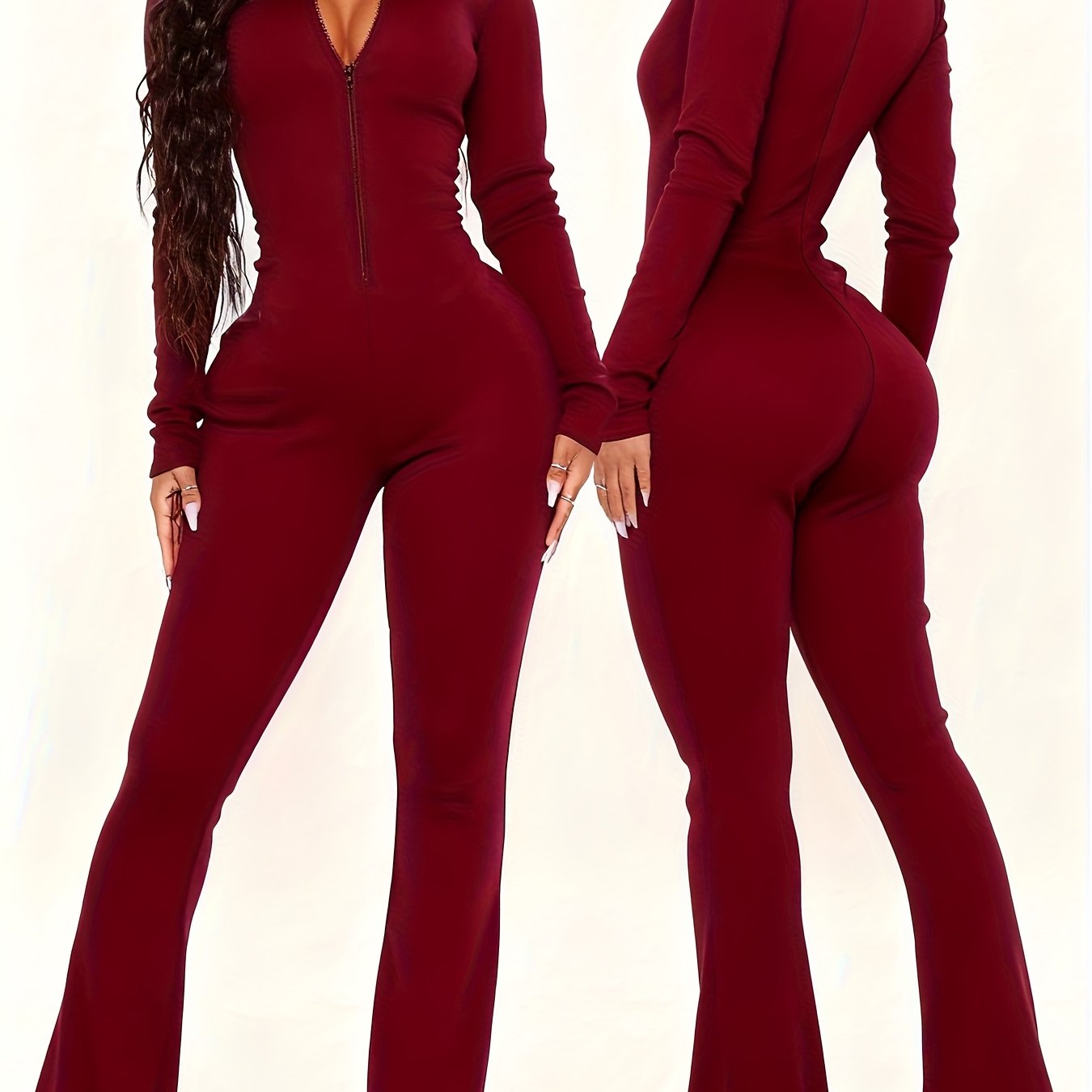 Slim-fit Flared Pants Long Sleeve Half Zipper Collar Onesie | Women'S Autumn and Winter Commuter Fashion Wear, Elegant Solid Color Style