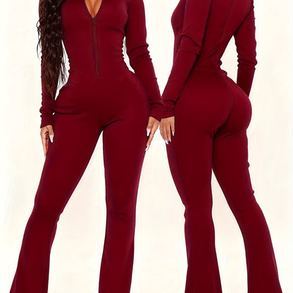 Slim-fit Flared Pants Long Sleeve Half Zipper Collar Onesie | Women'S Autumn and Winter Commuter Fashion Wear, Elegant Solid Color Style