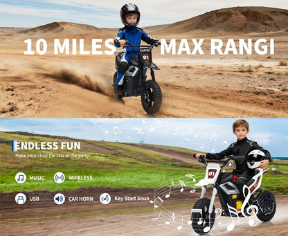 24V 350w Kids Ride On Motorcycle, 13.6MPH Max Speed, Mini Dirt Bike with Rear Wheel Suspension, Music, 12 Miles Range, Twist Grip Throttle, Seats, Blue