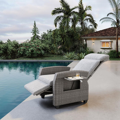 All-Weather PE Wicker Outdoor Recliner Chair with Adjustable Backrest & Footrest, Pop-Up Table & Air Pump Included - Heavy-Duty Patio Lounge Chair, Easy Assembly, Reclines to 155° Lay Flat (for poolside,, Balcony) - Low