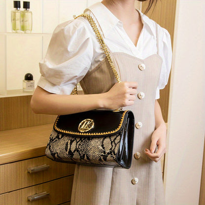 Stylish Black Snake Pattern Crossbody Bag for Women with Golden-Tone Hardware & Chain Strap - Elegant Glossy Finish, Zip Closure, Polyester Lining, Perfect for Casual or Formal Occasions