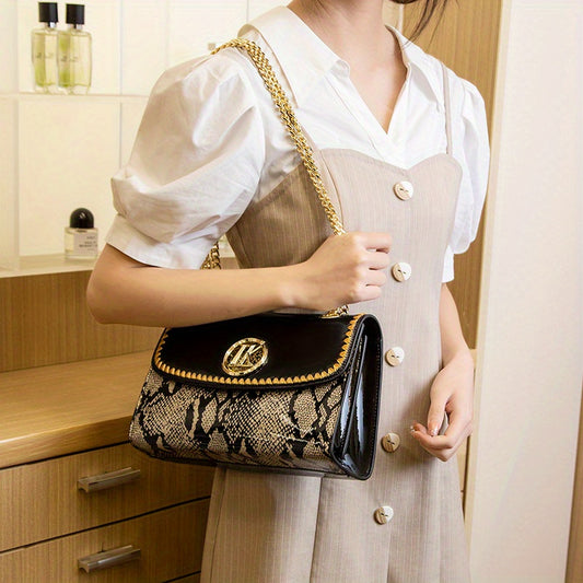 Stylish Black Snake Pattern Crossbody Bag for Women with Golden-Tone Hardware & Chain Strap - Elegant Glossy Finish, Zip Closure, Polyester Lining, Perfect for Casual or Formal Occasions