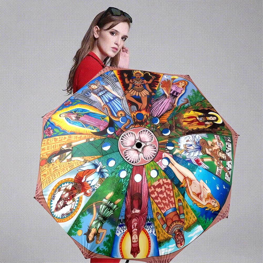 Automatic Folding Umbrella with Greek/Roman/Romanesque Mythology Panels - 8-Rib Compact Collapsible Design, Auto-Open/Close, Greek Goddess & Roman God Art (Poseidon, Athena, Zeus) - Portable Umbrella for &, Cultural Gift Idea