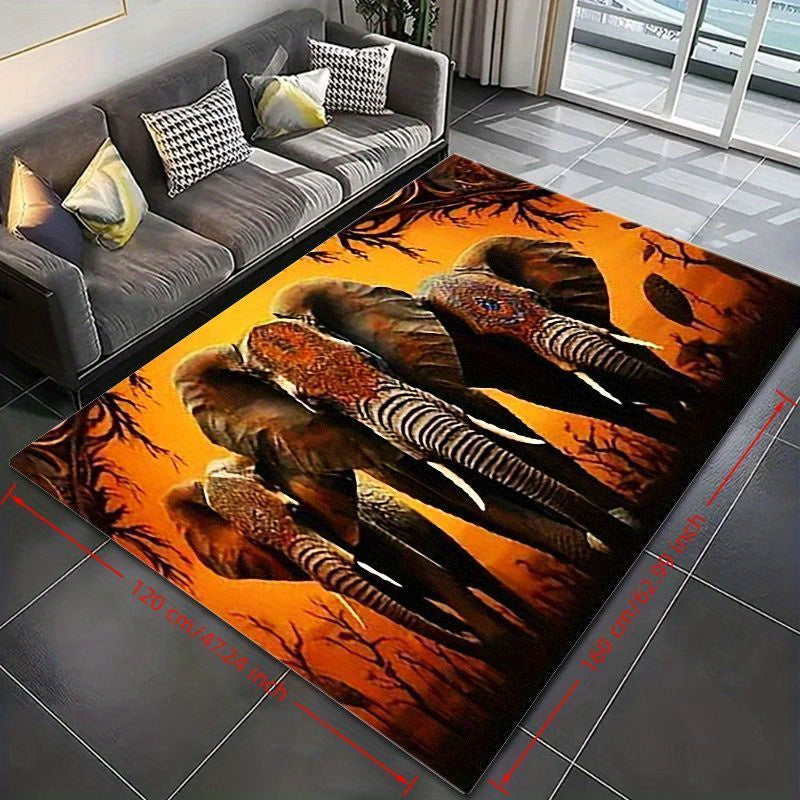 3-Elephant African Tribal Mat - Large Rectangular Floor Mat with Warm Brown/Beige/Black/Orange/ Golden/Gray Tones, Non-Slip Machine Washable Polyester Mat for Living Room, Bedroom, Entryway, Patio - Modern African Decor for H