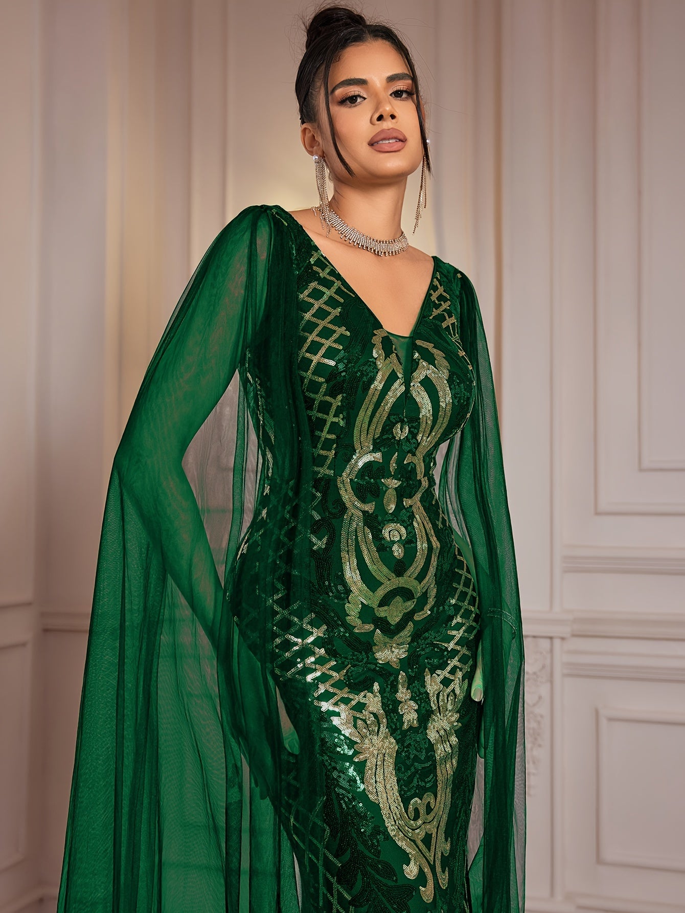 Fitted Dress - Sequin - V-Neck
