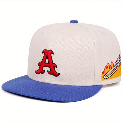 [Lightweight Design] Stylish Snapback Caps with Red 'A' Emblem & Flame Motif - Sporty Design, Trendy Appeal, Polyester Material, Black & White Color Scheme, Casual Headwear | Trendy Snapback | Durable Headgear