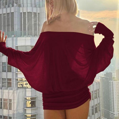 Women'S Sexy Off-the-Shoulder Long Sleeve Mini Dress - Solid Color Sheer Panel Party Clubwear, European & American Inspired Pleated Bandeau Dress for Spring/Autumn, Casual to Night Outfits, 2025 New Arrival (Sexy Off-Shoulder