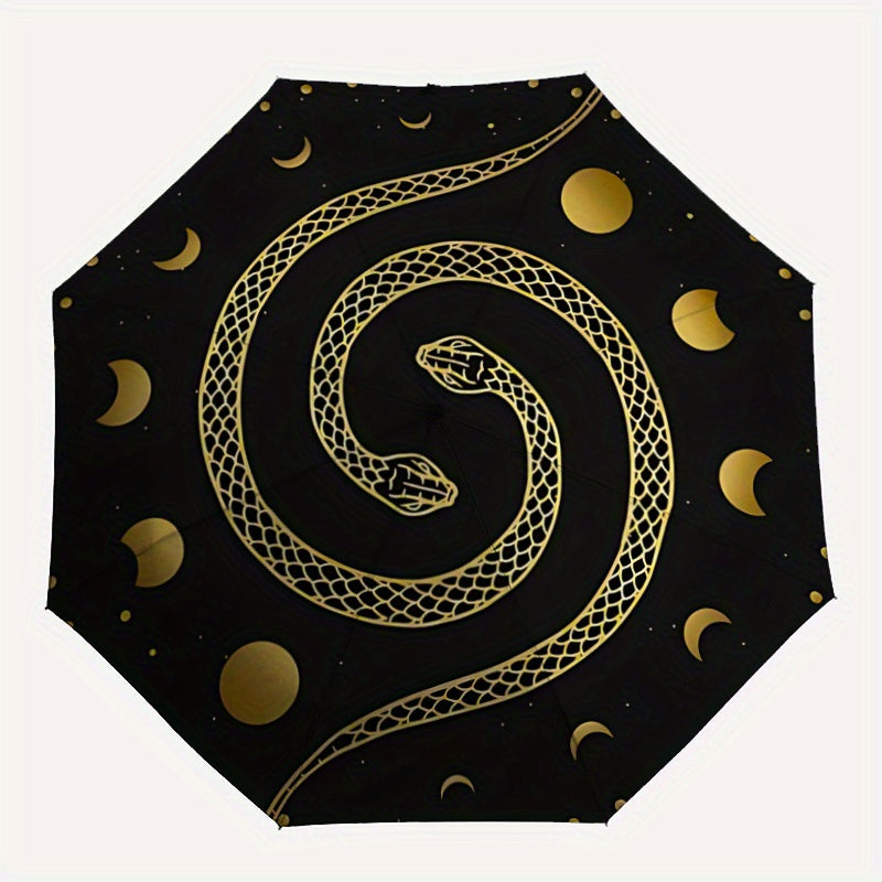 1pc Automatic Open/Close Umbrella with One-Touch Button, Folding Compact Travel Umbrella, Sturdy 8-Rib Canopy, Lightweight Portable Design, Elegant Black & Golden serpent & moon phases pattern - Windproof for Commuting, Forma
