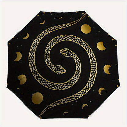 1pc Automatic Open/Close Umbrella with One-Touch Button, Folding Compact Travel Umbrella, Sturdy 8-Rib Canopy, Lightweight Portable Design, Elegant Black & Golden serpent & moon phases pattern - Windproof for Commuting, Forma