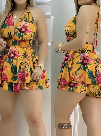 New Spring Summer Elegant Fashion Mini Jumpsuit, High-Waisted Backless with Ties, Perfect for Vacation and Cruise Trips