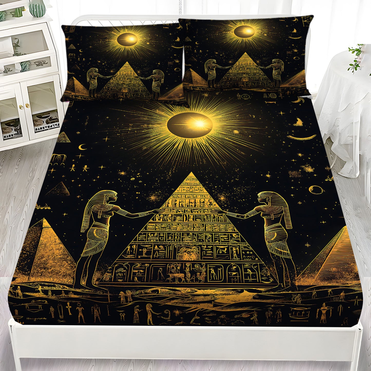 Latacaca 3pcs Golden Egyptian Pyramids Celestial Motif Pattern Fitted Sheet Set, Bedding Set One Fitted Sheet and Two Pillowcases, Pillow Inserts Not Included, Wrinkle Resistant, Fade Resistant, and Machine Washable, A Lightw