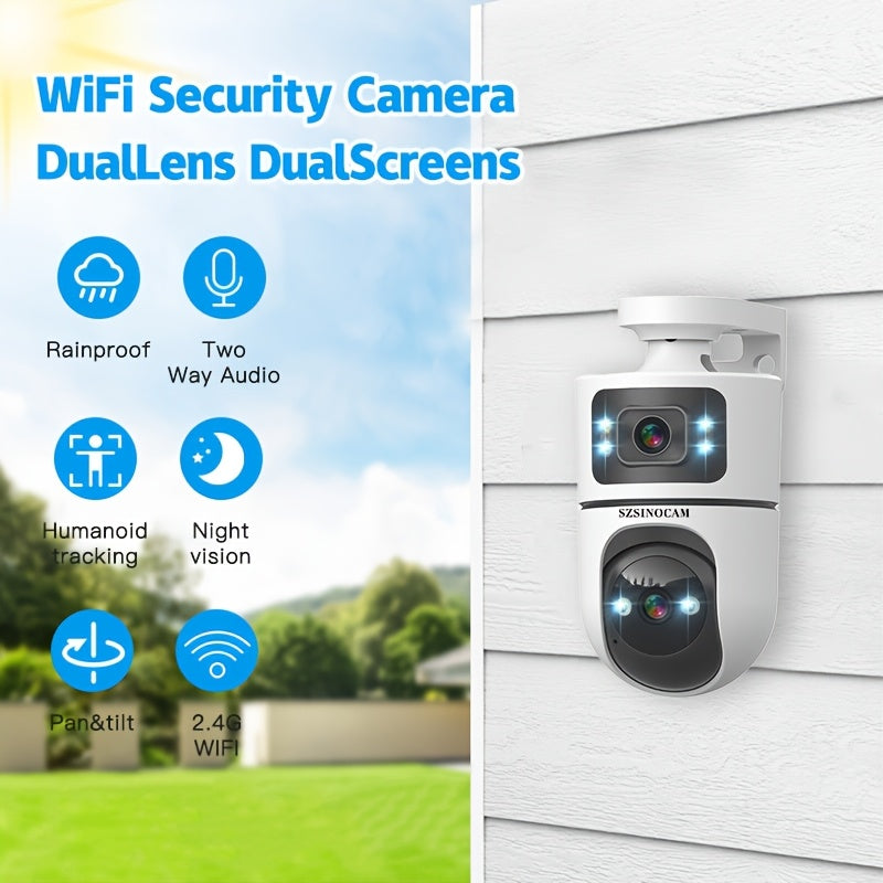 2.4G&5GHz WiFi 2K Dual Lens Wireless Monitoring Camera, Dual Lens Dual Screen, AI Motion Detection, Two-way Voice, 3 Night Vision Modes Suitable For Home Security Cameras, Christmas And Halloween Decorations, Thanksgiving Gif