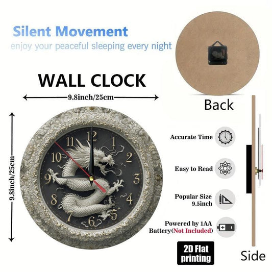 1pc Asian Dragon Wall Clock - Large Face with Black Hands & Golden Hands, Beige/White/Gray/Black Wood Frame - Non-Ticking Silent Sweep Movement - Easy-to-Read Analog Clock for Living Room, Kitchen, Office, Birthday/Holiday Gi