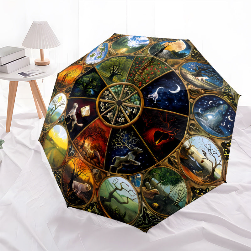 Automatic Open/Close Umbrella with 8-Rib Sturdy Frame - Auto Open Close Button, Portable Sunshade Canopy, Elegant Wheel of the Year Design with Seasonal Symbols (Winter, Spring, Summer, Fall) - Perfect Halloween, Christmas, B