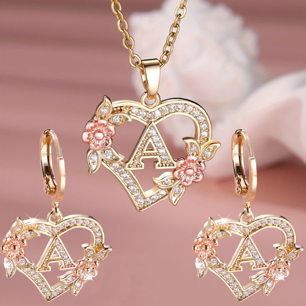 3pcs Women's Initial Jewelry Set - Heart-Shaped Interlocking Link Necklace & Earrings with 26-Letter Monogram, Elegant Golden-Tone -Accented Letters, Dainty Everyday Gift for Mother's Day, Graduation, Birthdays (Pink & Clear
