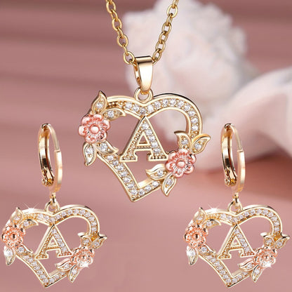 3pcs Women's Initial Jewelry Set - Heart-Shaped Interlocking Link Necklace & Earrings with 26-Letter Monogram, Elegant Golden-Tone -Accented Letters, Dainty Everyday Gift for Mother's Day, Graduation, Birthdays (Pink & Clear