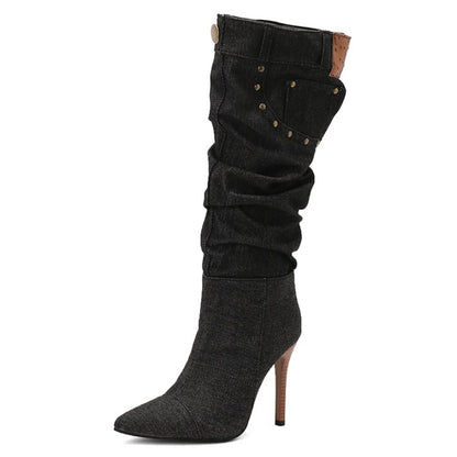 Women'S PU Cover Knee-High Boots with Studded Stiletto Heel, Pointed Toe & Slouchy Half-Zipper Closure - Ruched High Heel, Calf-to-Knee Length, Durable Rubber Sole - Versatile Western to Modern Booties for Casual to Formal Ev