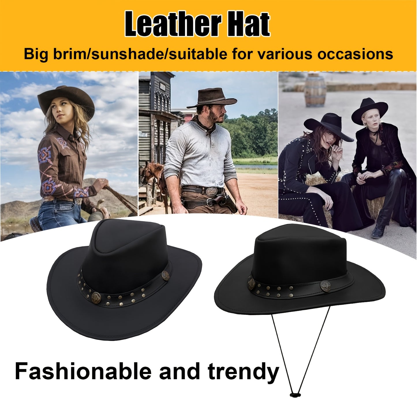 Cowhide Leather Cowboy Western Hat | Genuine Leather Steampunk Deadman Top Hat for Men and Women, Vintage Style for Halloween.