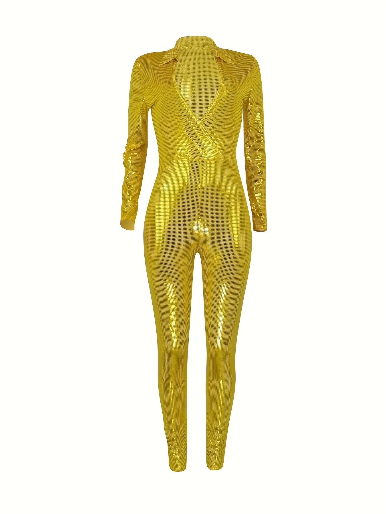 European And American Women'S Metallic Texture Light Mature Deep V-neck Long Sleeved Tight Jumpsuit
