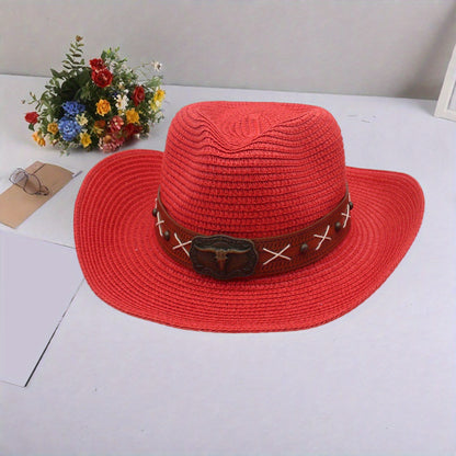 Men Women Straw Cowgirl Hat Wide Brim Stylish Bull Head Leather Belt Design Western Cap for Beach Daily Life Party