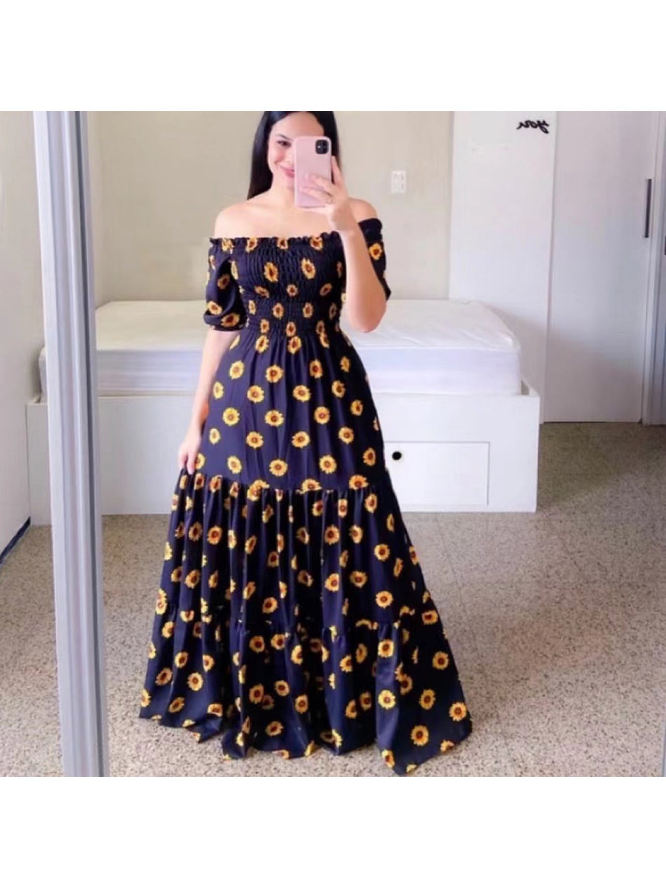 2023 New Spring Summer European and American Women's Fashion Off-Shoulder Floral Print Long Dress
