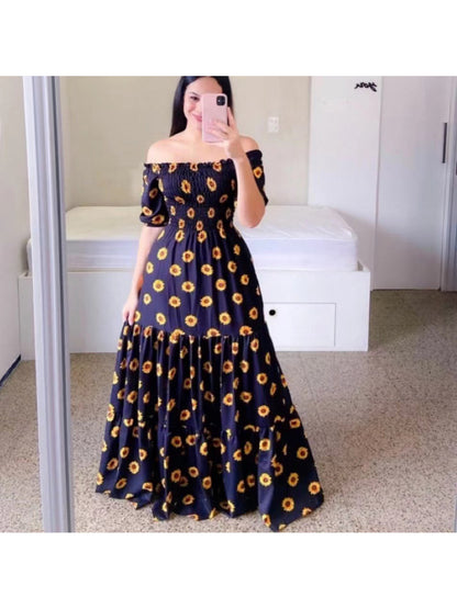 2023 New Spring Summer European and American Women's Fashion Off-Shoulder Floral Print Long Dress