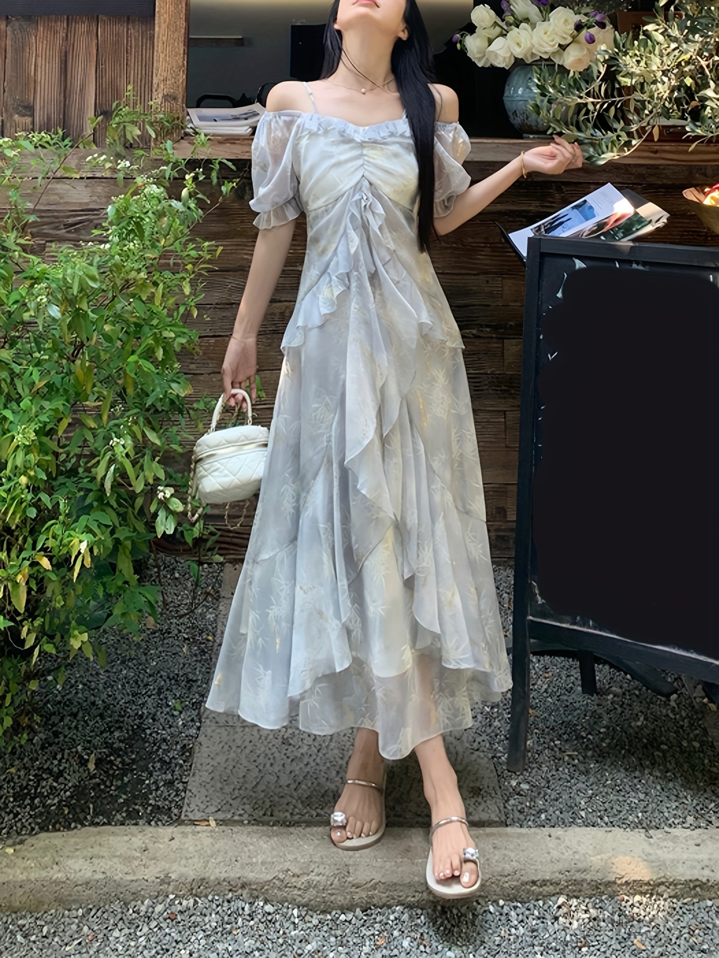 A Stylish Off-Shoulder Long Sleeve Dress for Women Featuring a Lavender Floral Pattern, Ruffle Collar, And A-Line Silhouette. Suitable for Both Formal And Casual Occasions, This Machine Washable Dress Is Perfect for Spring An