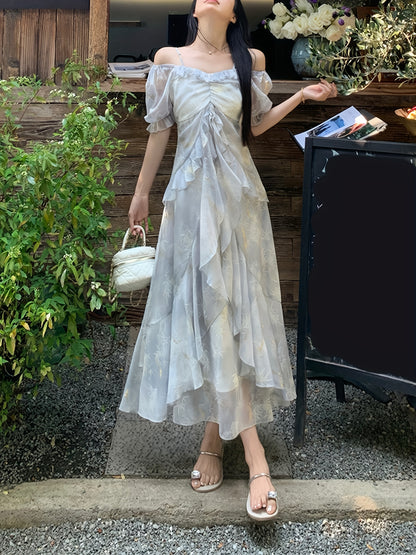 A Stylish Off-Shoulder Long Sleeve Dress for Women Featuring a Lavender Floral Pattern, Ruffle Collar, And A-Line Silhouette. Suitable for Both Formal And Casual Occasions, This Machine Washable Dress Is Perfect for Spring An