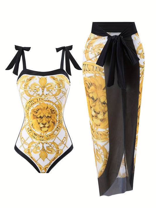 Women'S Golden Lion-Themed Swimsuit Set with Lace-Up Detail - Off-Shoulder Top & Flowy Skirt, Stretchy Fabric, All-Season Swimwear, Swimwear Set|Lion Print Design|Stretchy Material