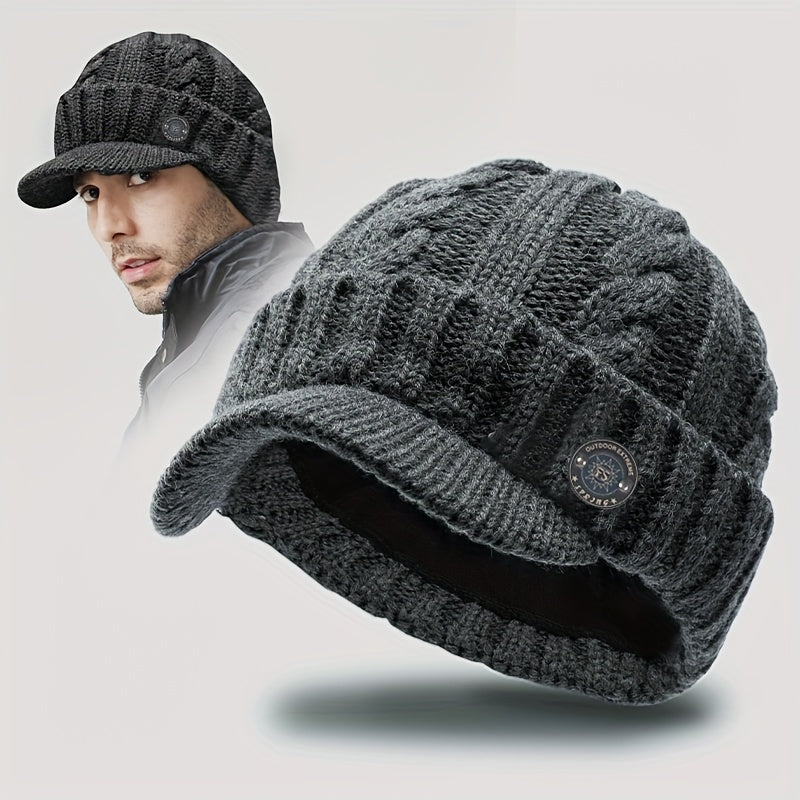 Men'S Winter Warm Fleece-Lined Knit Beanie Hat - Thickened Ear Protection, Funky Style, Black with White Logo, Polyester 100., Ideal for Cycling & Outdoor Activities, Winter Headwear | Funky Beanie | Knit Construction, Winter