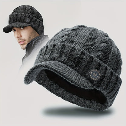 Men'S Winter Warm Fleece-Lined Knit Beanie Hat - Thickened Ear Protection, Funky Style, Black with White Logo, Polyester 100., Ideal for Cycling & Outdoor Activities, Winter Headwear | Funky Beanie | Knit Construction, Winter