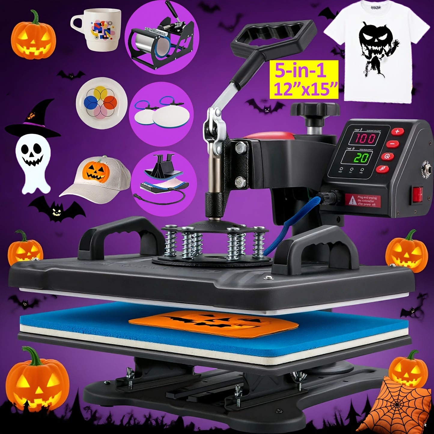 This Is a Versatile Heat Press Machine Combo Featuring an 8 in 1 And 5 in 1 Design, with Dimensions of 15"X15" And 15"X12". It Has a Rotatable Design And Is Suitable for Transferring Images Onto Various Items Such As T-Shirts