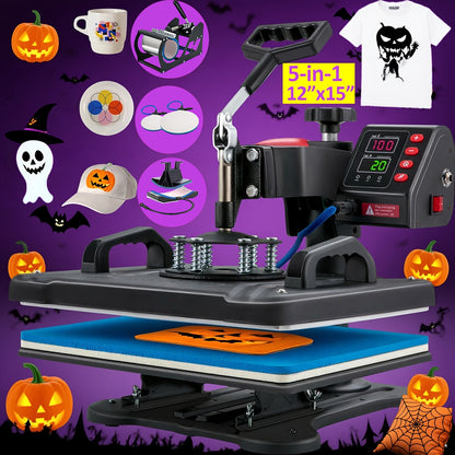 This Is a Versatile Heat Press Machine Combo Featuring an 8 in 1 And 5 in 1 Design, with Dimensions of 15"X15" And 15"X12". It Has a Rotatable Design And Is Suitable for Transferring Images Onto Various Items Such As T-Shirts