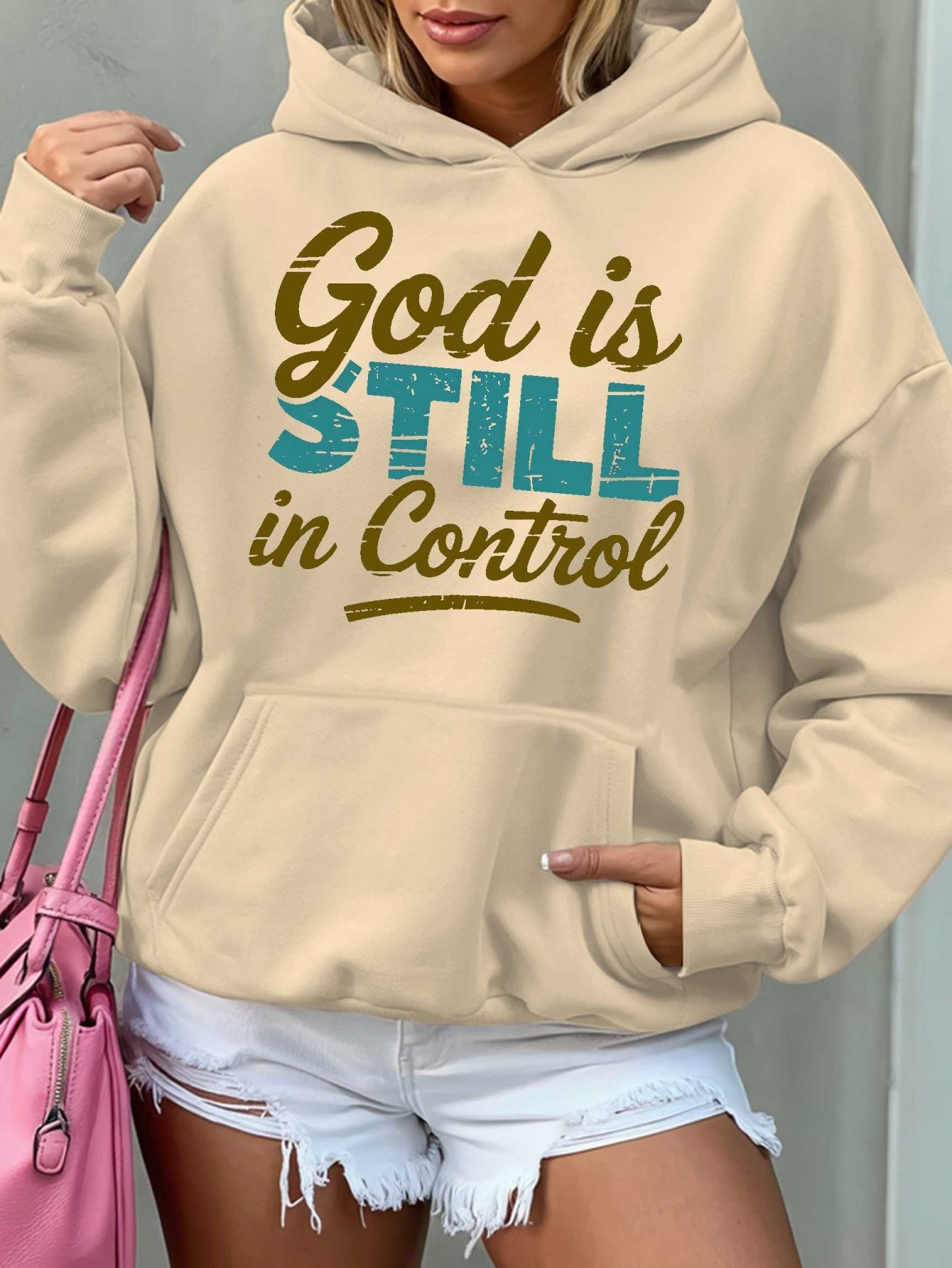 Women'S Hoodie - Beige Pullover Sweatshirt with "God is Still in Control" Inspirational Quote, Long Sleeve Hooded Sweater for Fall/Winter, Cozy Casual Everyday & Formal Outfits - Perfect Christian Gift for Women, Ladies Sweat