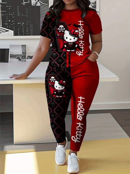 Women's Plus Size Red & Black Halloween Hello Kitty Print Short Sleeve Top and Pants Set, Gothic Design with Skull and Coffin Pattern, Perfect for Christmas Gifts for Friends and Family, Holiday Matching Outfits, Festive Wear